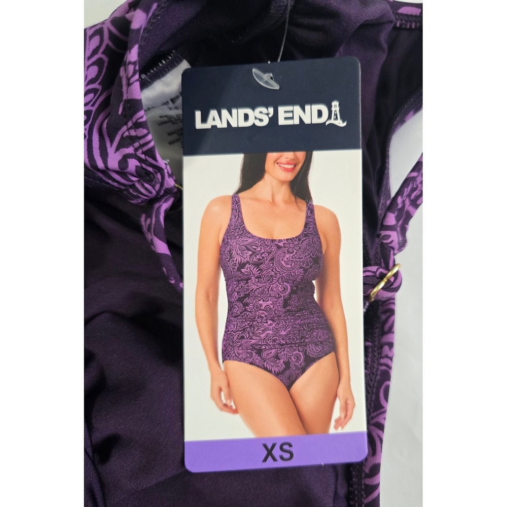 LandsEnd Purple Paisley One Piece Swimsuit UPF50 Ruched Hook Back XS 1956311 NWT - Picture 15 of 16